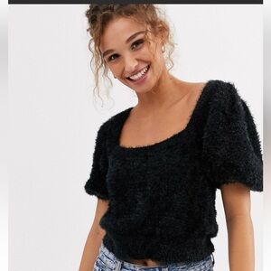 ASOS women’s curve square neck FLUFFY fuzzy sweater short sleeve ribbed blk 20